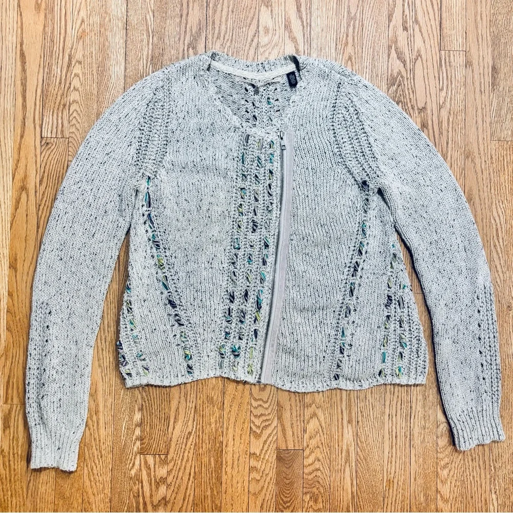 Anthropologie Knitted & Knotted Moto Zip Ribbon Cardigan Sweater Small - Picture 3 of 9